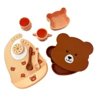 Childrens Silicone Tableware Set Reusable Cup Fork Spoon Bowl Food Plate Food Grade Dishwasher Safe Divided Cartoon Bear Bowl for Kitchen Dining Room Home Travel durable