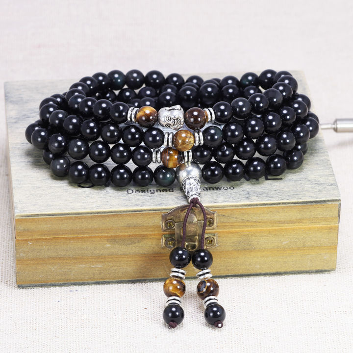 Rainbow Obsidian Bracelet Buddha Jewelry 108 Beads With Natural Tiger Eyes Stone Amulet Charm Bracelets For Men And Women