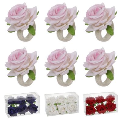 【CW】 6pcs Artificial rose flower Napkin Buckle Tissue Holders for Restaurant Wedding Valentine  39;s DayTable