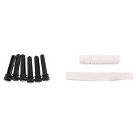 6 String Acoustic Guitar Bone Bridge Saddle and Nut and 6pcs Guitar Bridge Pins White+Black