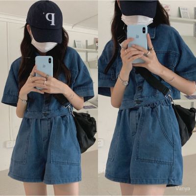 ►™ denim set ชุดเซ็ต เสื้อเชิ้ตครอปแขนสั้นและกางเกงขาสั้นผ้ายีนส์ SF4474