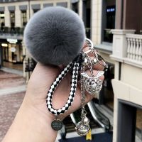 2022Women Bag Car Pendant Jewelry Trinket Accessories Fluffy Real Rabbit Fur Keychain Pompom Ball Leather Key Ring Holders Charm