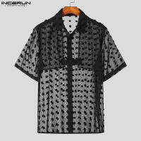 เสื้อคอปกเสื้อหลวมๆสบายๆโปร่งสำหรับผู้ชายลาย Medussa INCERUN Jacquard โปร่งแสง (สไตล์เกาหลี)