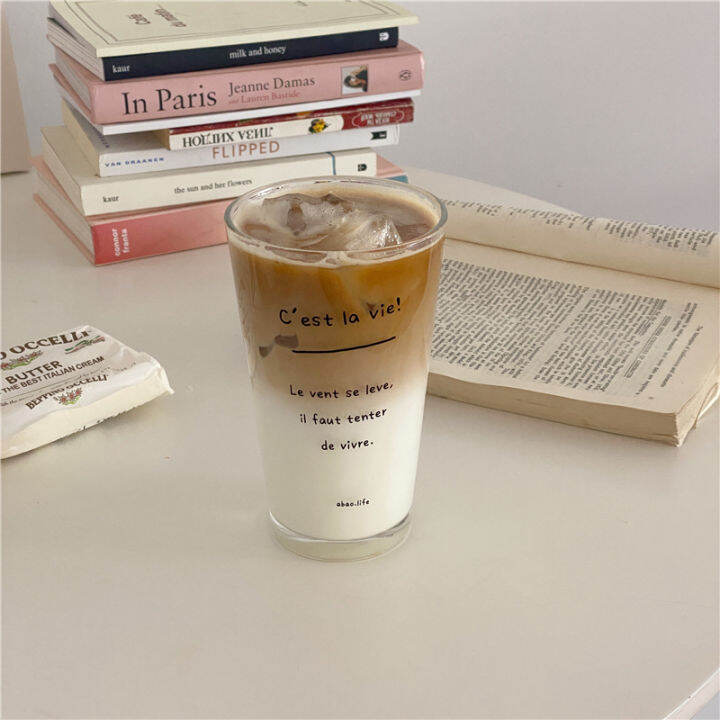 summer-new-simple-retro-french-large-capacity-retro-girl-letter-coffee-glass-cup-with-lid-straw-water-cup