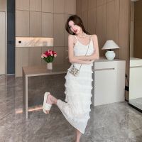 The new tender wind French white condole belt dress super seaside holiday dresses layer upon layer cake skirt