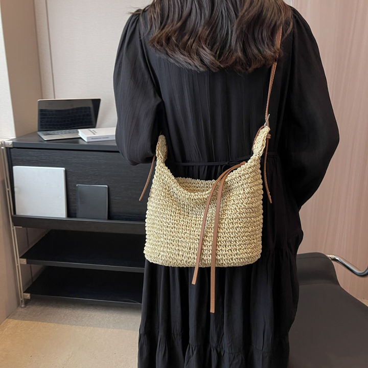 กระเป๋าสะพายข้างทำมือกระเป๋าผ้าทอสำหรับสุภาพสตรีสายเชือกกระดาษกระเป๋าสตางค์สตรีปรับได้