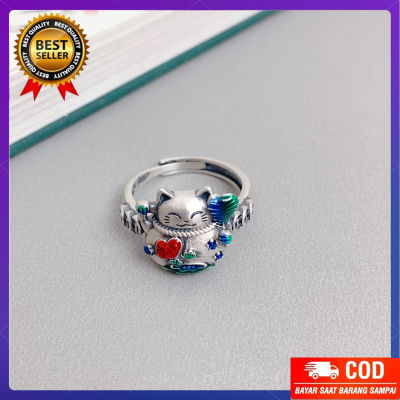 Plun-แหวนแมวนำโชค สไตล์จีนสีฟ้าย้อนยุคของผู้หญิงงานฝีมือง่ายๆแหวนประดับดัชนีแหวนเคลือบ