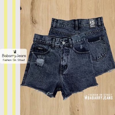 [พร้อมส่ง] BabarryJeans ยีนส์ขาสั้น ผญ เอวสูง สะกิดขาด สีดำสโนว