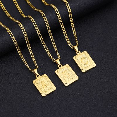 Initial Pendant Necklace for Women Simple Stainless Steel Cuba Link Charm Letter Square Necklace Men Jewelry Couple Gift Fashion