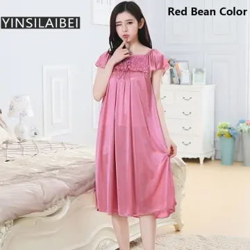 Cheap Women Sleeping Dresses Plus Size Night Wear Ice Comfortable Silk  Satin Sleepwear Nightgown