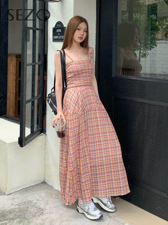 sezo-korean-checkered-mid-length-suspender-dress-for-woman