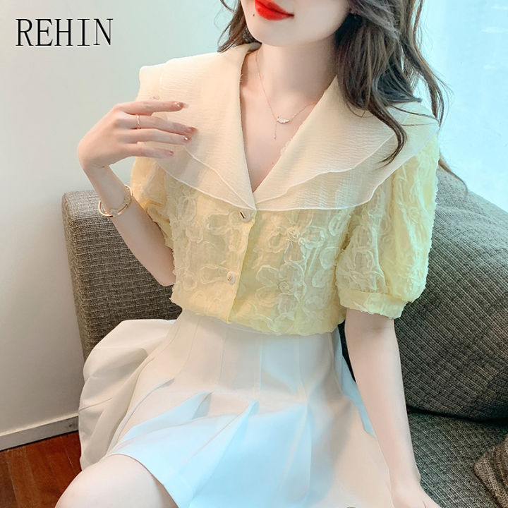 rehin-ผู้หญิงฤดูร้อนใหม่หวาน-ruffle-ตุ๊กตาคู่สามมิติตัดดอกไม้แขนสั้นเสื้อแนวโน้มเสื้อชีฟอง