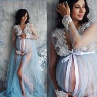 【DT】hot！ Maternity for Photo Shoot Pregnancy Sleeve Trim Mesh Sheer Split Dresses Female