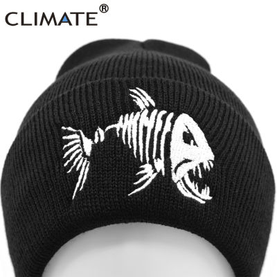 CLIMATE Fish Fishbone Beanie Hat Winter Fishing Warm Beanie Fisher Black Knit Fish Bone Cool HipHop Hat for Winter fishing