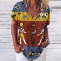 Retro Womens T Shirt 3d Egyptian motifs lady Clothes Summer V-neck Short Sleeve Tees Female Harajuku Streetwear Oversized Blous