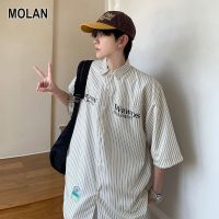 MOLAN เสื้อเชิ้ตแขนลำลองขาสั้นฤดูร้อนแฟชั่นผู้ชาย,เสื้อลายทางมาใหม่