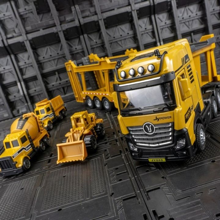 car-model-alloy-engineering-transport-vehicle-simulation-double-decker-trailer-truck-contain-bulldozer-dump-truck-mixer-roller