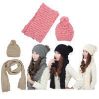 Womens Winter Knitted Scarf and Hat Set Thicken Skullcaps-white