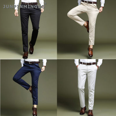 JUNPINMINGBO กางเกงทางการขายาวสำหรับผู้ชาย,กางเกงทำงานสำนักงานสไตล์เกาหลีนิ่มระบายอากาศได้ดีผ้าคอตตอนดูแลง่ายสีพื้น