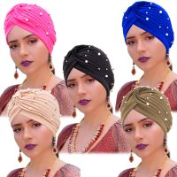 【YF】 10 Colors African Turbans Pre Tied Knot Headwrap Faux Pearl Bead Head Beanie Bonnet Soft Headscarf Women Sleep Cap Christmas Hat