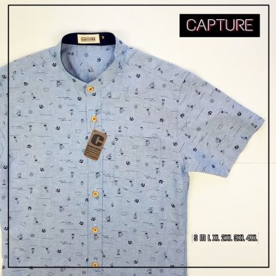 Capture Shirt เสื้อเชิ้ตผู้ชาย คอจีน แขนสั้น oxford ลายเรือใบจิ๋ว สีบลูยีนส์ มีถึงอก 48 นิ้ว