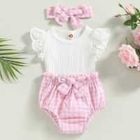 Baby Girl Clothes Summer Suits Solid Color Fly Sleeve Crew Neck Romper Plaid Elastic Waist Shorts Bow Headband 3Pcs Set  by Hs2023