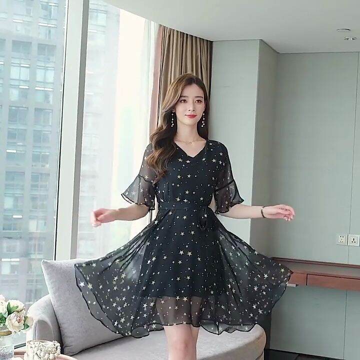 GloryStar Summer Slim Vneck Ribbon Dress Elegant Star Flare Sleeves