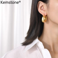 Kemstone สแตนเลสตุ้มหูแบบห่วงแบบลายฉลุอัญมณีสำหรับผู้หญิง