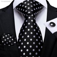 ℡ White Dot Black Silk Ties For Men Business Wedding 8cm Mens Neck Tie Pocket Square Cufflinks Men Accessoreis Gift