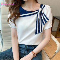 2021 New Dark Blue White Sailor Collar Fashion Korean Summer Chiffon Casual Blouse for Women Campus Office Lady Tops