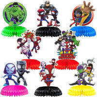 8Pcs Spidey และเพื่อนที่น่าตื่นตาตื่นใจของเขา Honeycomb Ball Desktop Decor พัดลมกระดาษรังผึ้งวันเกิด DIY Party Supplies