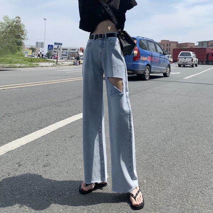 plus-size-women-jeans-korea-loose-high-waist-hole-wide-leg-straight-casual-pants