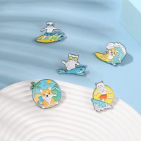 Animal Surfing Enamel Pins Custom Ocean Motion Cats Dogs Brooches Lapel Pin Shirt Bag Badge Cartoon Sea Jewelry Gift for Friends