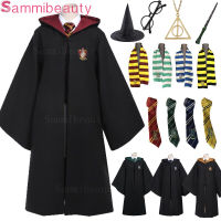 7PCS คอสเพลย์ฮาโลวีนเครื่องแต่งกาย Unisex เด็ก HARRYPOTTER โรงเรียนเสื้อคลุม Cape ชุด HERMIONE GRYFFINDOR SLYTHERIN RAVENCLAW HUFFLEPUFF Tie ผ้าพันคอ Wand แว่นตาผู้ชายและผู้หญิงคอสเพลย์ Magic Robe Cape