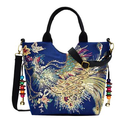 Shiny Sequins Peacock Embroidered Ladies Canvas Tote Bag Shopping Shoulder Bag Retro Beaded String Tote Bag