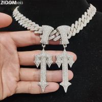 ☍ Men Women Hip Hop Letter Iced Out Cross Sword Necklaces 15mm Width Rhombus Cuban Chains HipHop Pendant Necklace Charm Jewelry