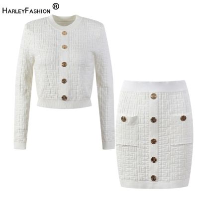 Novelty Shinging Knitting Fabric Black/White/Khaki Gorgeous Style Short 2 Pieces Skirt Sweater Sets for Skinny Women