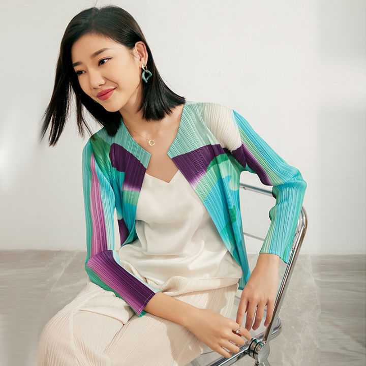issey-miyake-ยิงจริง2023ใหม่การค้าต่างประเทศระดับไฮเอนด์คาร์ดิแกนหลวมเย็บเสื้อแอร์เสื้อนอกมิยาเกะเสื้อจีบผู้หญิง