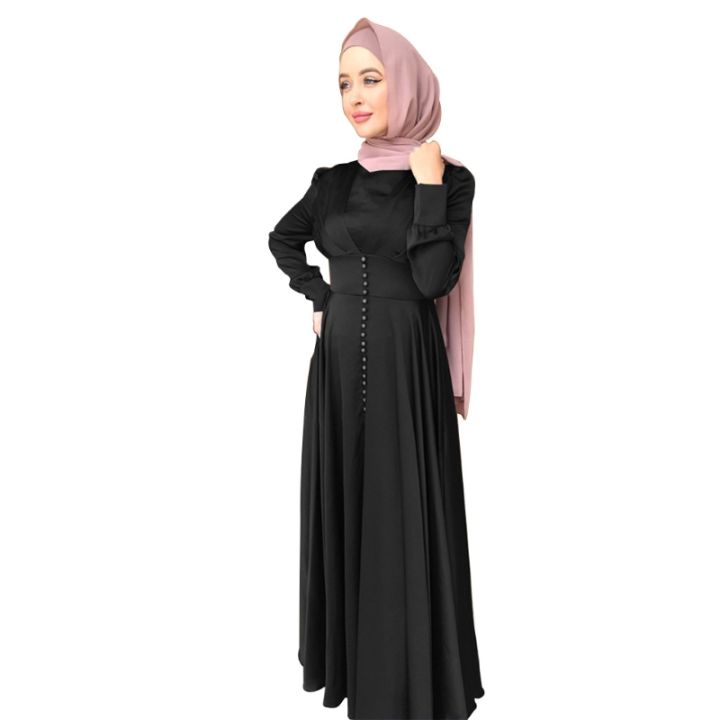 ผู้หญิงอิสลามรอมฎอนแขนยาวซาติน-maxi-d-ress-ปุ่มด้านหน้าเอวสูงจีบบาง-a-baya-ดูไบพรรคยาวเสื้อคลุม
