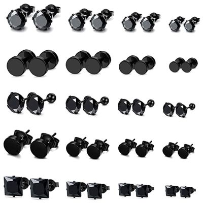 1 Pairs Stainless Steel Black Stud Earrings for Men Women Earring Set CZ Inlaid