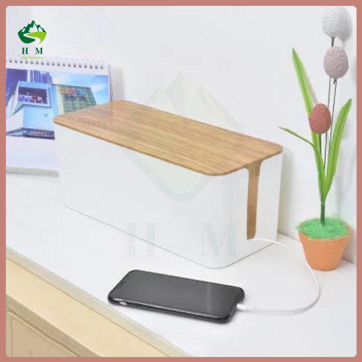 LR* Cable Wire Organizer Box with Bamboo Lid Cover Desk Cable Box