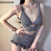 【CC】WISUWORE Plaid Swimwear Ladies Korea 2023 New Star Same Swim Bikini Hollow Out Cross Straps Sexy Bikini Swimsuit Women Bikinis