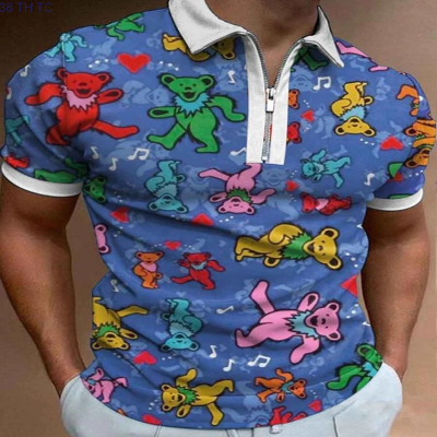【high quality】  Mens 3d Printed Rainbow Bear Short Sleeved Polo Shirt with Zipper