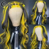 Highlight Yellow Colored Glueless Synthetic 13X4 Lace Front Wigs For Black Women Preplucked Drag Queen Party Cosplay Daily Wig  Hair Extensions Pads