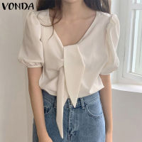 VONDA เสื้อแขนสั้นคอวีสำหรับผู้หญิง,เสื้อยืดลำลองสีพื้นอัดพลีทเสื้อเบลาส์ (สไตล์เกาหลี)