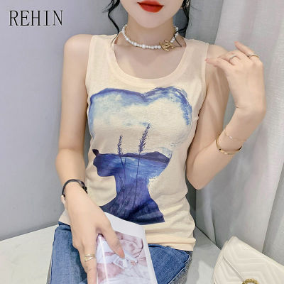 REHIN เสื้อกล้ามผู้หญิงที่ไม่ซ้ำกันลายปั๊มทองเสื้อยืดแขนกุด S-3XL เข้ารูปพอดีเสื้อกล้ามฤดูร้อน