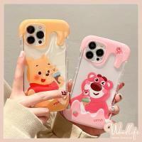 เคสรูปร่างไอศกรีมละลายเข้ากันได้กับ IPhone 11 14 13 12 Pro Max 7Plus XR X XS Max 8Plus 12 14 13 Pro เคสนิ่มลายการ์ตูนลูกกวาดหมีสตรอเบอร์รี่ช้อนส้อมมีดหมีพูห์น่ารัก Lotso ฤดูร้อน