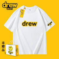 Drew Doll แบรนด์ร่วม2023หน้ายิ้มพิมพ์คู่แขนสั้นผู้ชายแบรนด์แฟชั่นผ้าฝ้ายแท้เสื้อยืดลำลองผู้ชาย