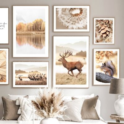 Deer Maple Leaf Lake Forest Dandelion Wall Art ภาพวาดผ้าใบ Nordic โปสเตอร์และพิมพ์ภาพผนังสำหรับตกแต่งห้องนั่งเล่น