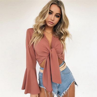 ℡◘ V Neck Sleeve T Shirt Crop Bow Tie Front Short Beach Bandage Tee Top